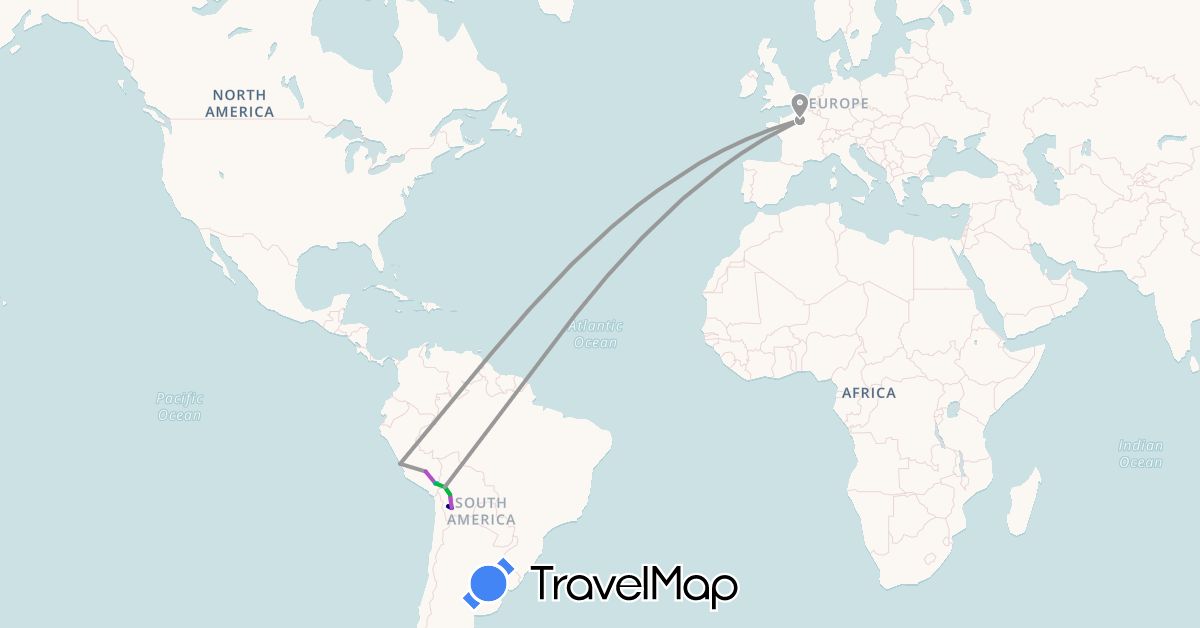 TravelMap itinerary: driving, bus, plane, train, boat in Bolivia, France, Peru (Europe, South America)